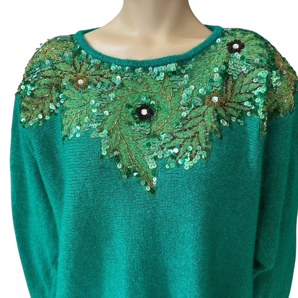 Cervelle Silk‎ Lambswool Angora Hair Sequin Sweater Women's XL Green Sequin
